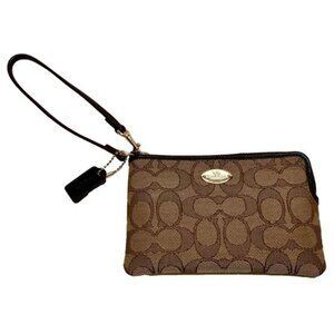 Coach Wristlet Brown Khaki Signature Canvas F53536 Gold Trim Corner Zip EUC